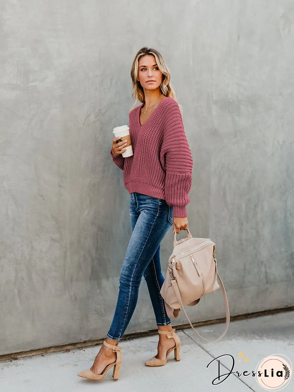 Indianred Loose Long Sleeve Knit V-Neck Sweater