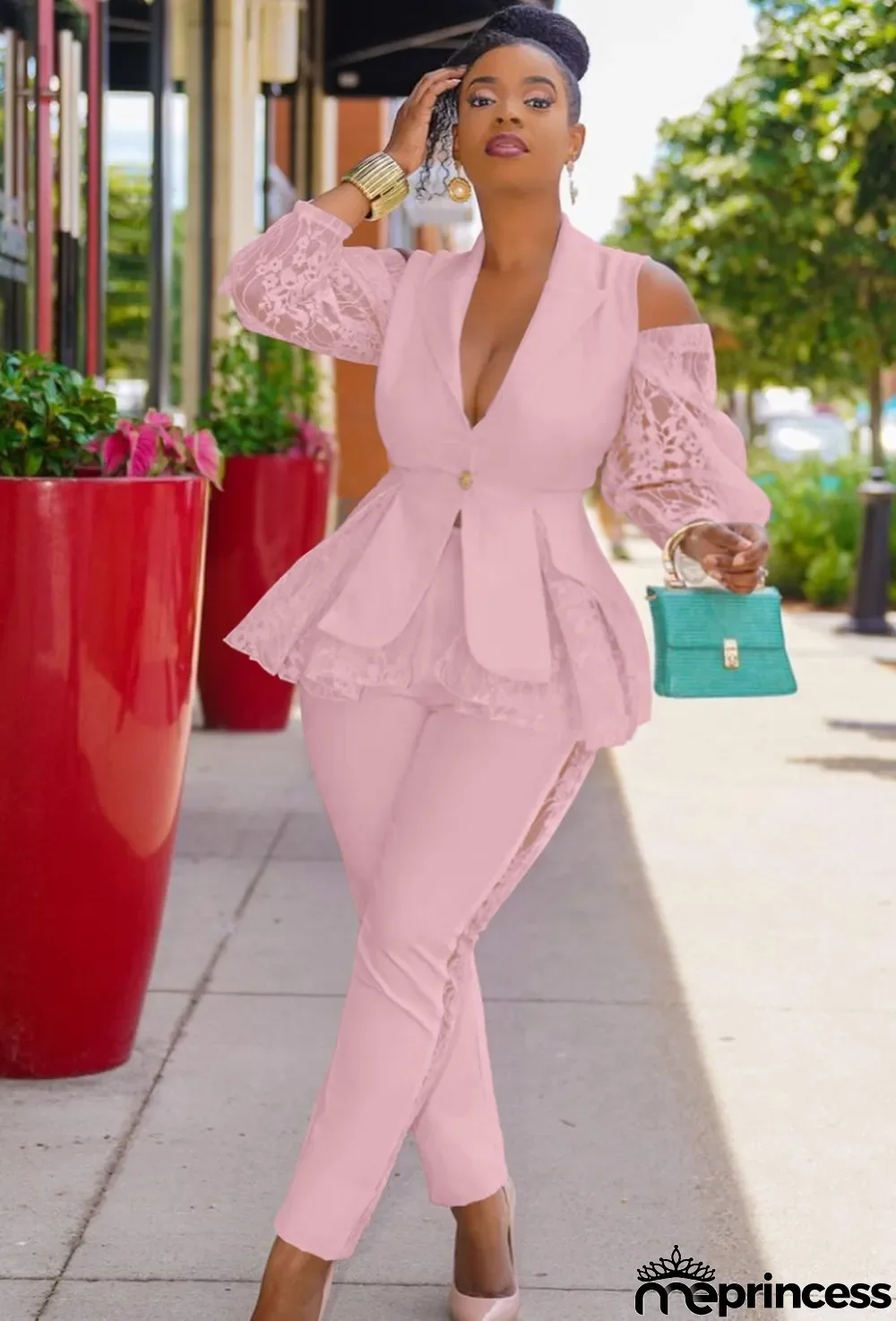 Fall Elegant Pink Ruffles Lace Cut Out Shoulder Long Sleeve Blazer And Pant Set