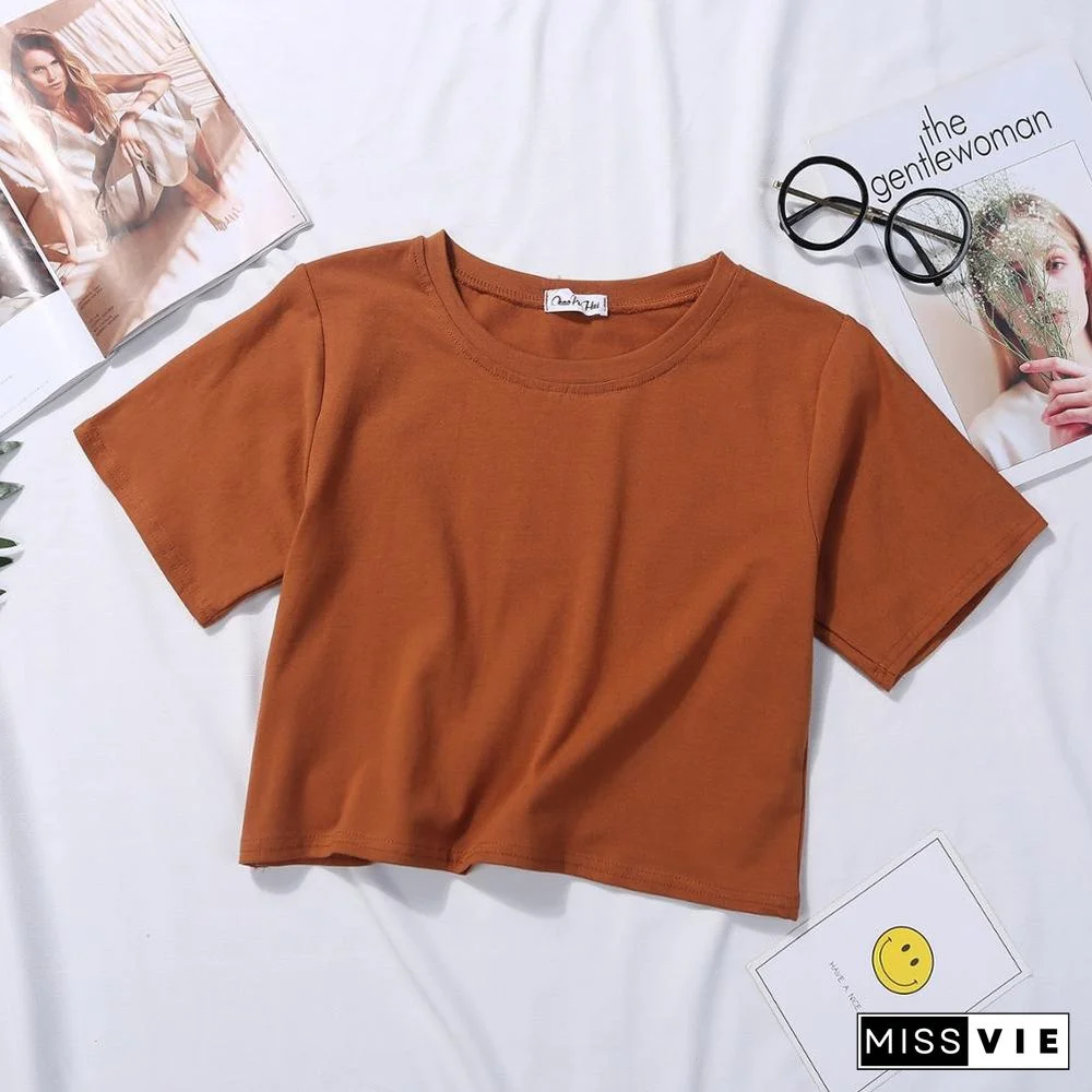 Summer Short Sleeve T Shirts Women Cotton Solid T-shirt O Neck High Waist Tee Female Casual Loose T Shirt