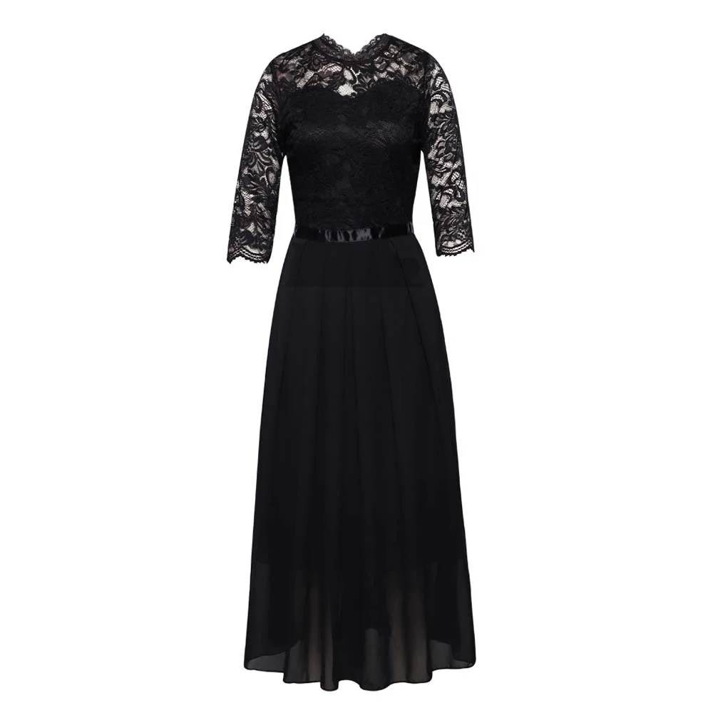 Athvotar Athvotar Dress Station Splicing Chiffon Dress Round Collar Lace Dress Evening Dress Women's Dress