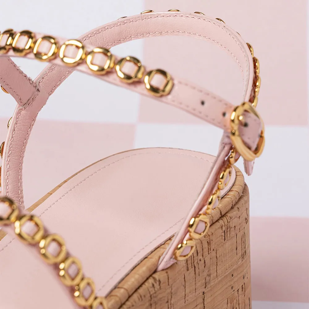 Open-Toe Gold Accent Platform Wedge Sandals for Women in Pink
