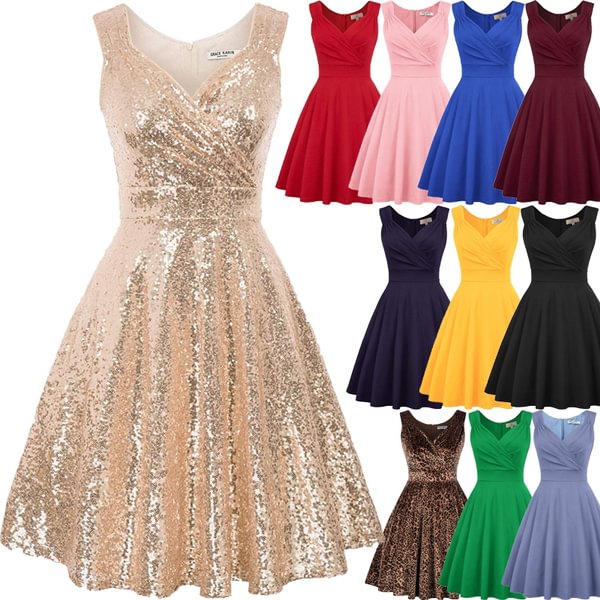 Women 50S Vintage Sleeveless V-Neck Sequins A-Line Dance Party Club Dress - BlackFridayBuys