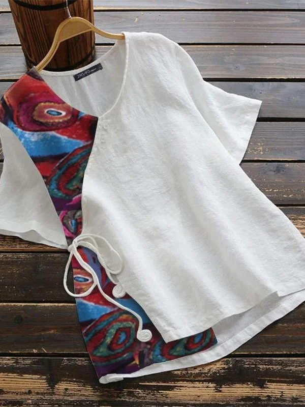 Printed shirt floral color matching floral round neck summer casual blouse