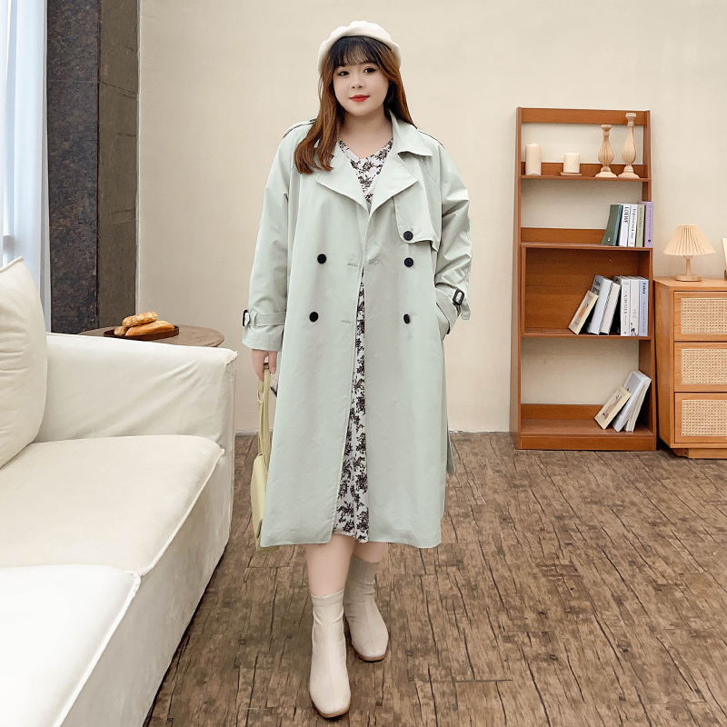 Plus-Size Double-Breasted Trench Coat for Women – Chic Long Jacket 