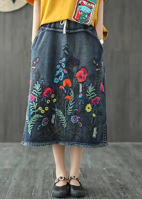 Boho Dark Blue Embroideried Tasseled A Line Summer Skirts Denim