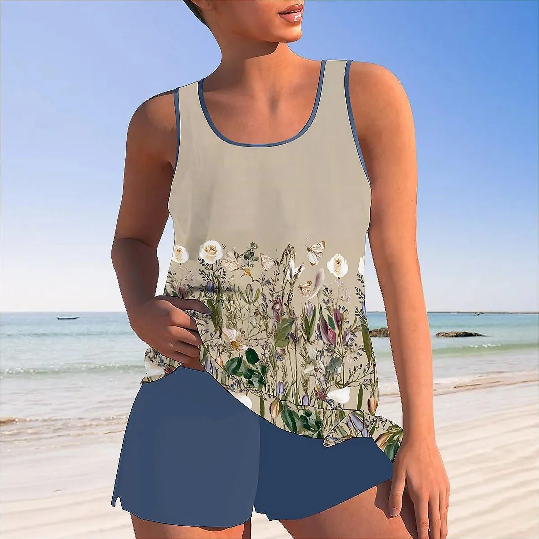 Bowknot Apricot,Floral,Colorful Mid Waisted Tankini Set - Plus Size Available