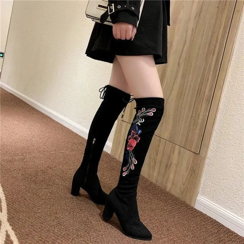 Women's Stretch Boots Black Embroidered Over the Knee Boots 2021 Fall Warm Boots Zipper Pump botas de mujer thigh high boots