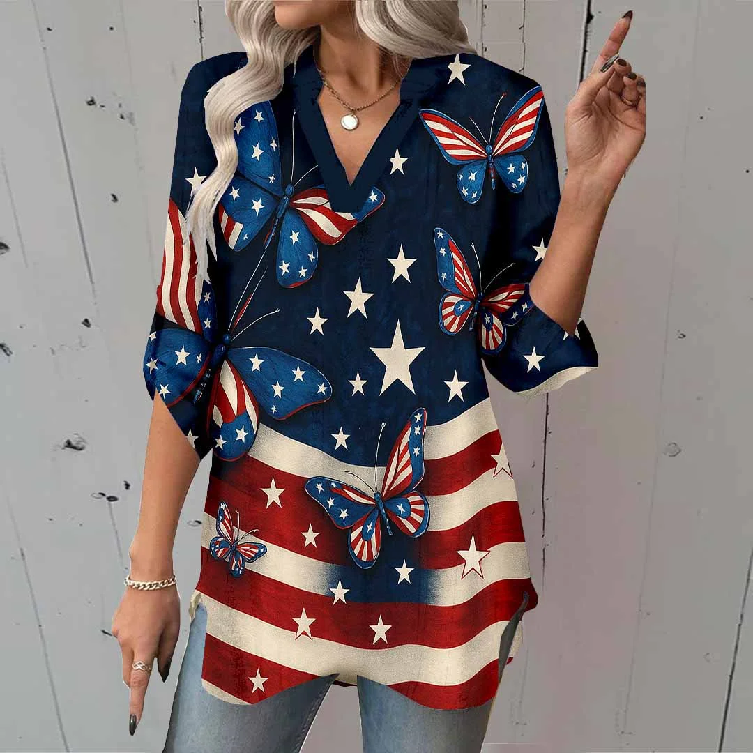 Women  Independence Day, Star, Striped, Blue, Red DZGA0242 3/4 Sleeve V-neck Printed Graphic Button Tops