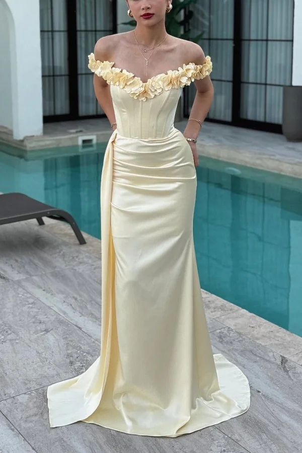Oknass Off The Shoulder Sleeveless Long Pleated Prom Dress With Mermaid
