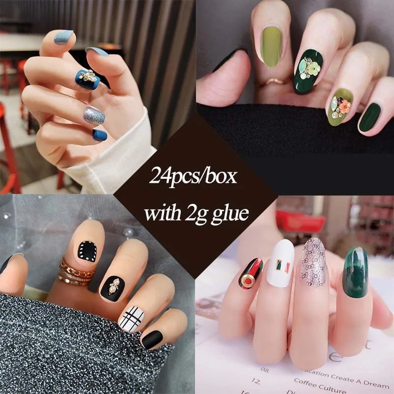 24 Pcs Nude Color nail tips Women Wearable  Fake press on Nails with Diamond Short Round Full Cover artificial nails with Glue-Nail Inspo