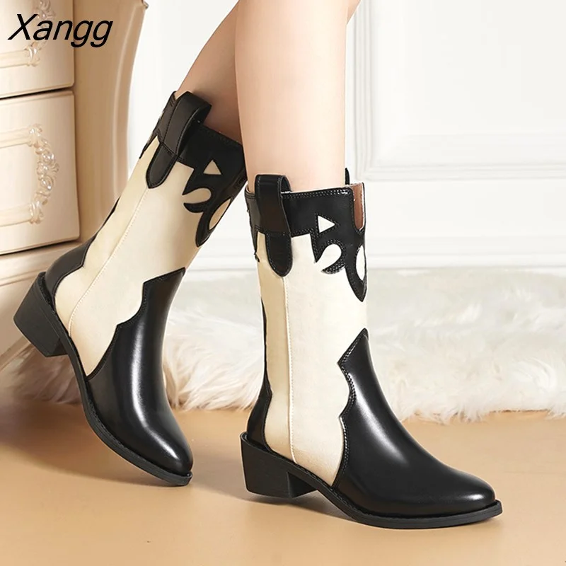 Punklens Autumn Winter New Retro Stitched Leather Embroidered Cowboy British Style Thick Heel Pointed Middle Tube Women's Boots