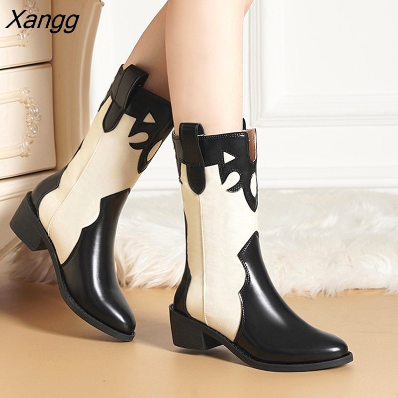 Xangg Autumn Winter New Retro Stitched Leather Embroidered Cowboy British Style Thick Heel Pointed Middle Tube Women's Boots