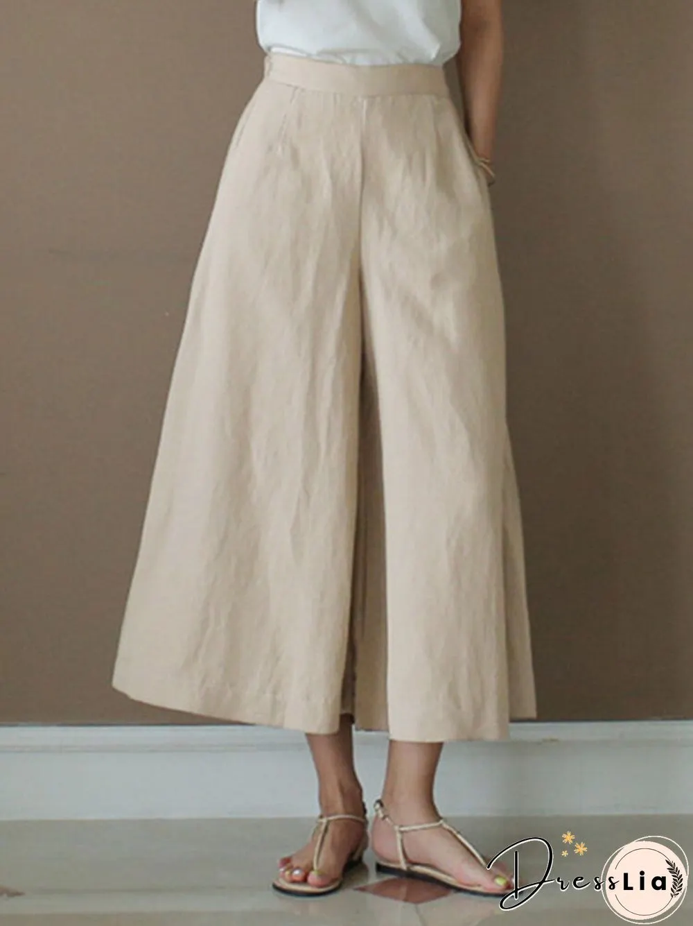 Solid A-line Pocket Loose Crop Wide Leg Pants