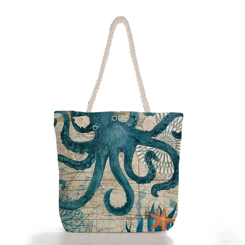 Women’s Medium Linen Starfish Beach Shell Beach Classic Style Square Zipper Tote Bag Beach Bag