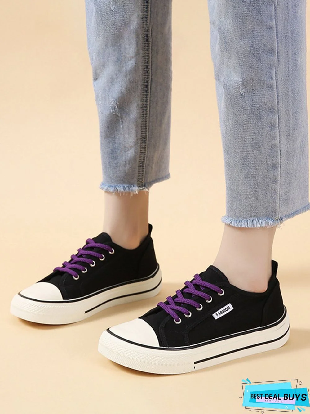 Casual Plain Color Split Joint Comfy Square Toe Lace-Up Canvas Shoes