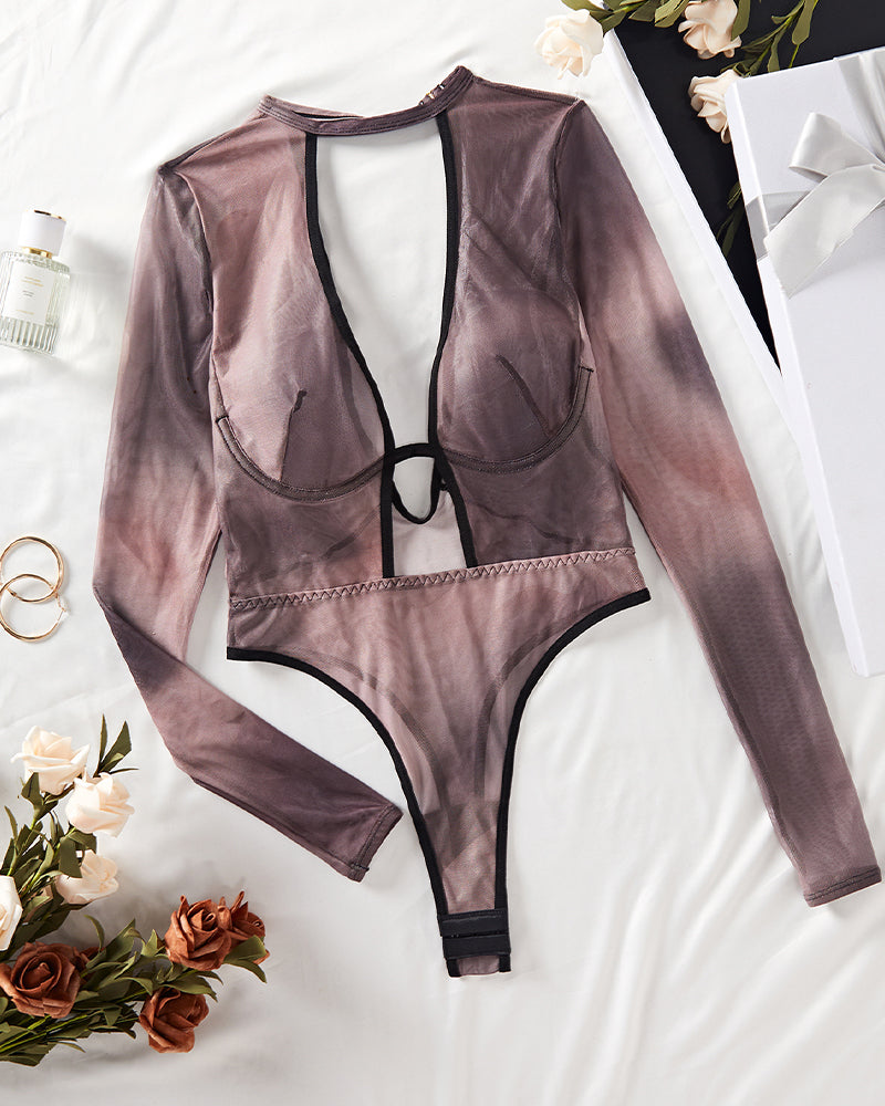 Lovingerie - Hollow Mesh Long Sleeve Bodysuits