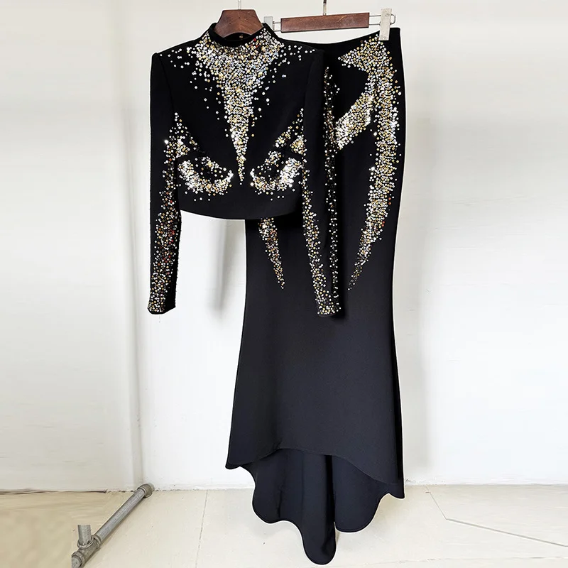 Nigikala Nigikala New Star Fashion Heavy Industry Embroidered Squin Blouse Fish Tail Half Skirt Set Two Sets