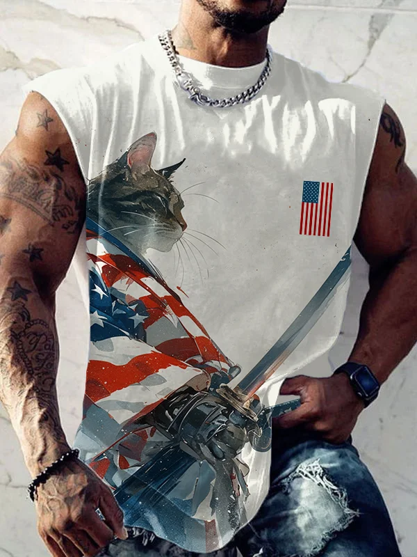 Men's Patriotic Flag Kimono Cat Samurai Ink Painting Print Tank Top