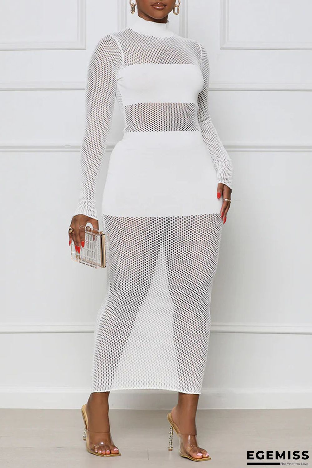 White Sexy Solid Patchwork See-through Half A Turtleneck One Step Skirt Dresses | EGEMISS