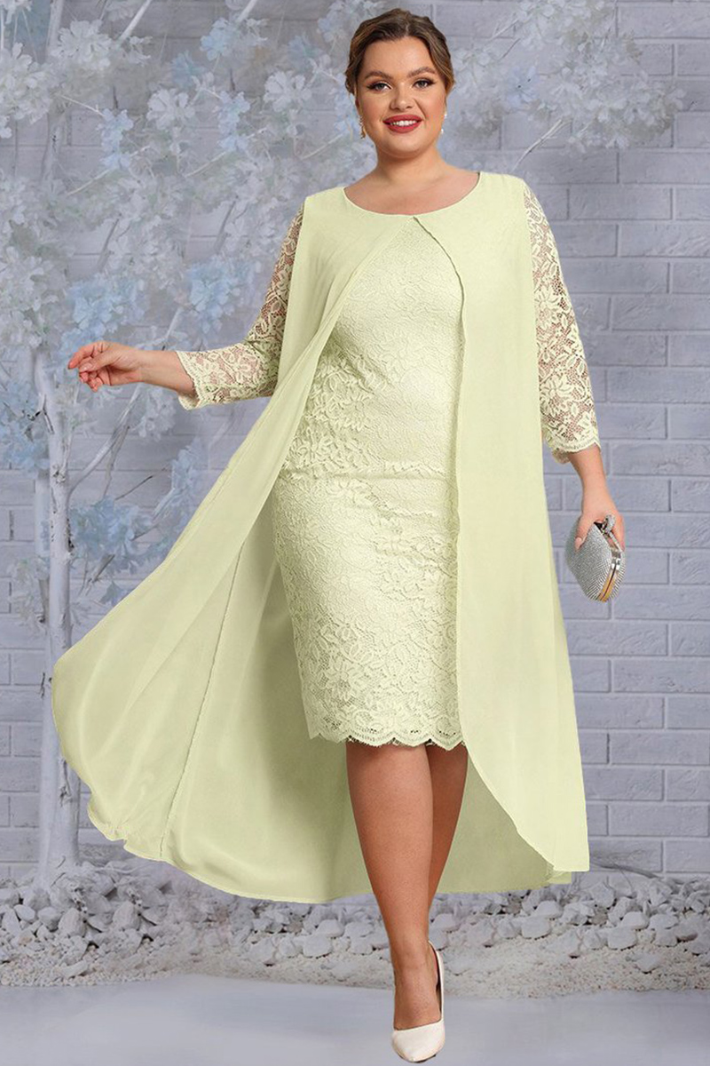 Flycurvy Plus Size Mother Of The Bride Light Yellow Chiffon A-Line Lace 3/4 Sleeve Fake Two Pieces Midi Dress