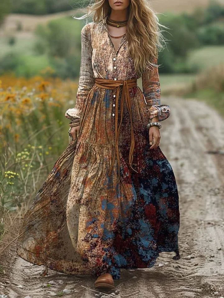 Women's Shirt Collar Long Sleeve Abstract Painting Pocket Cotton Dress