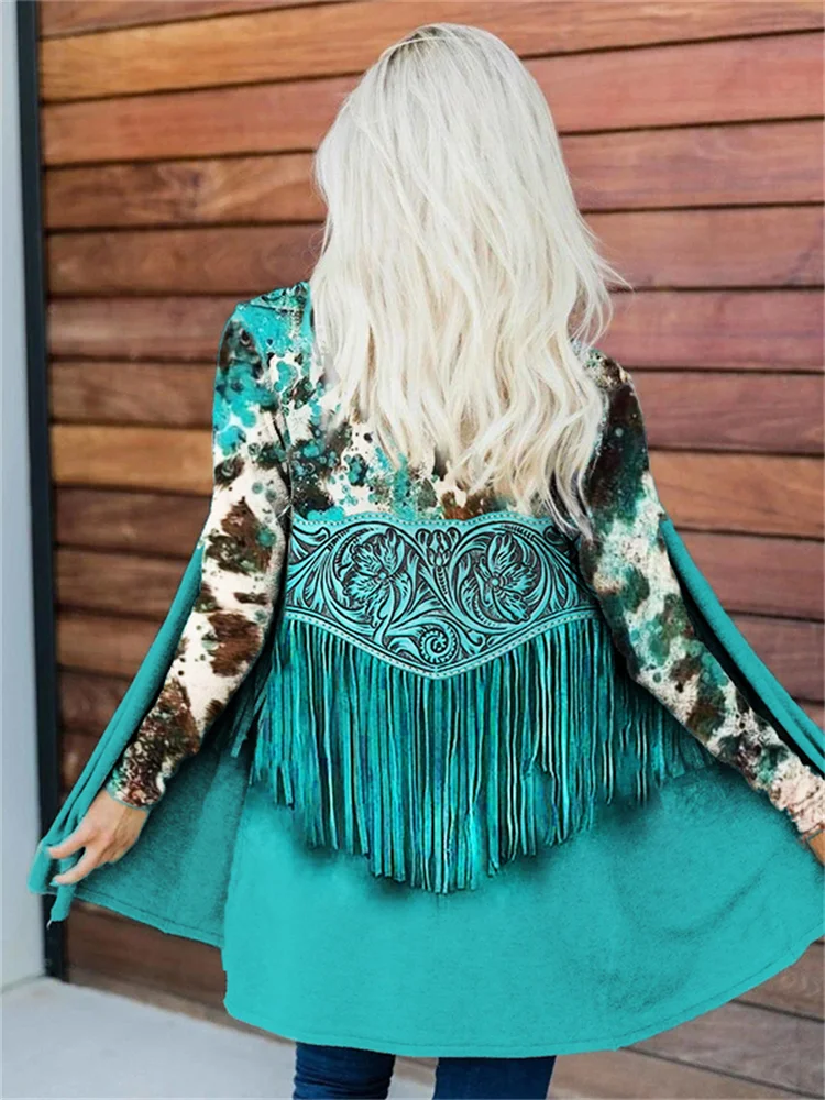 Turquoise Bleach Cowhide Floral Leather Art Cardigan