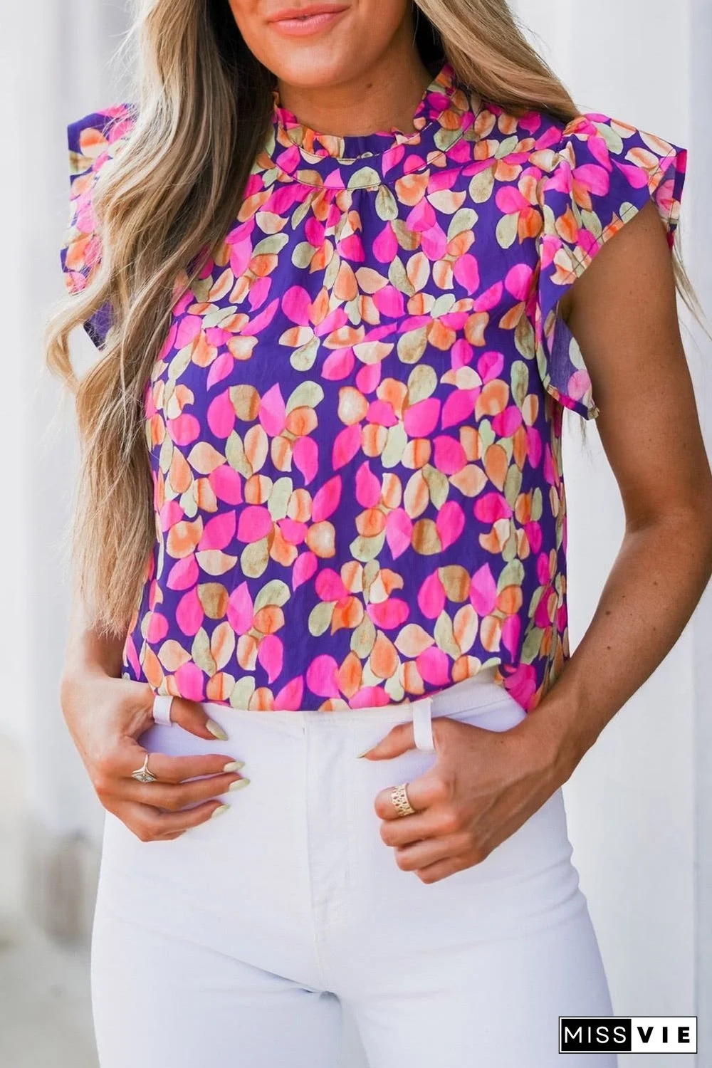 Multicolor Ruffle Sleeve Floral Print Blouse