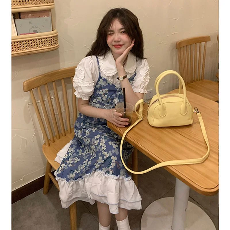 Short-Sleeve Blouse / Spaghetti Strap Floral Midi A-Line Dress YP1689