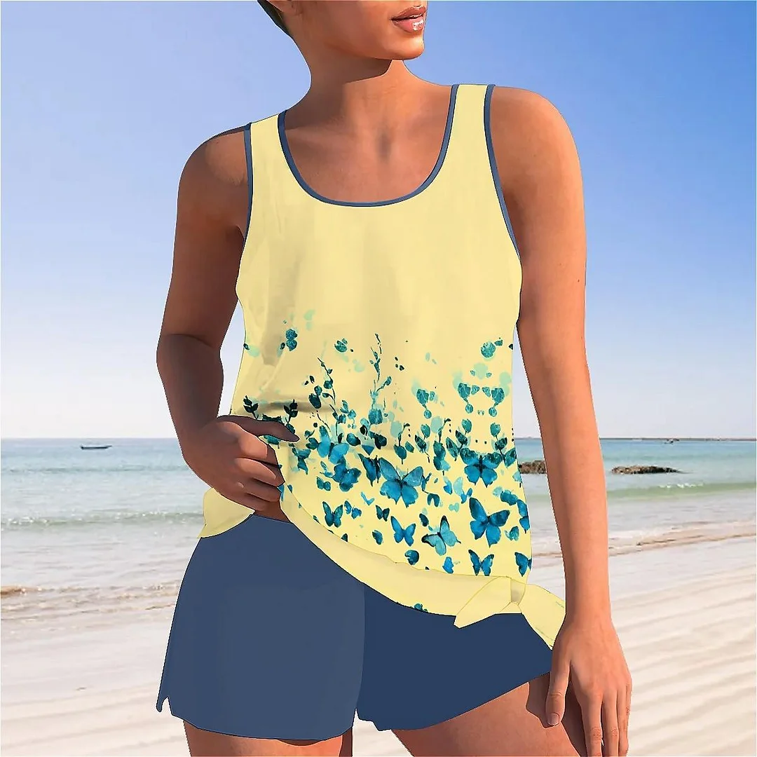 Bowknot Blue,Yellow,Floral Mid Waisted Tankini Set - Plus Size Available