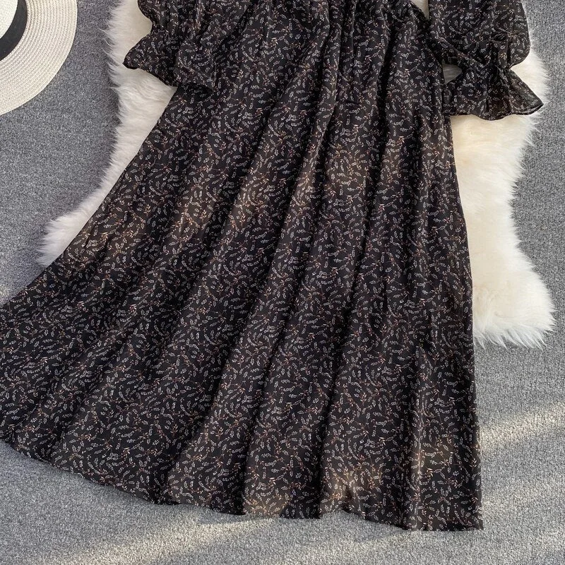 FTLZZ New Summer Casual Ciffon Single Breasted Puff Sleeve Women mid-Calf Dresses A Line V Neck Solid Slim Lady Full Dress