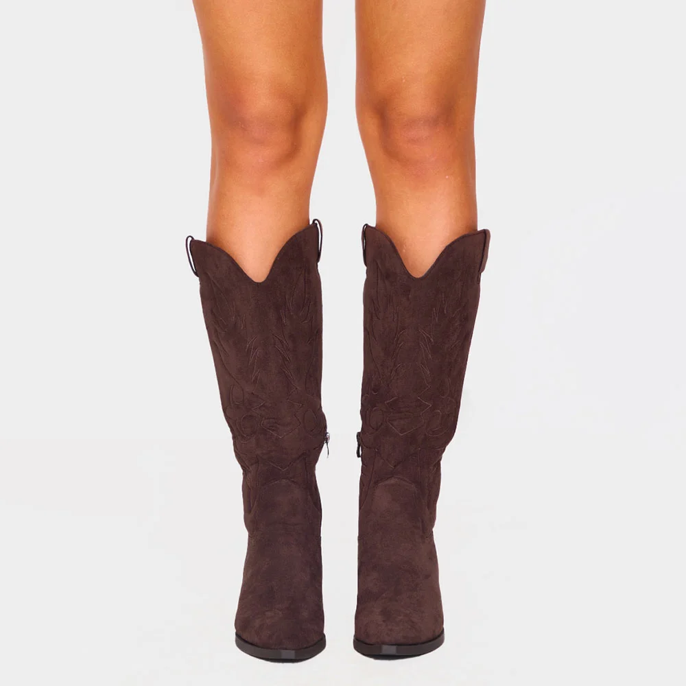 Dark Brown Vegan Suede Pointed Toe Chunky Heel Mid Calf Cowgirl Boots