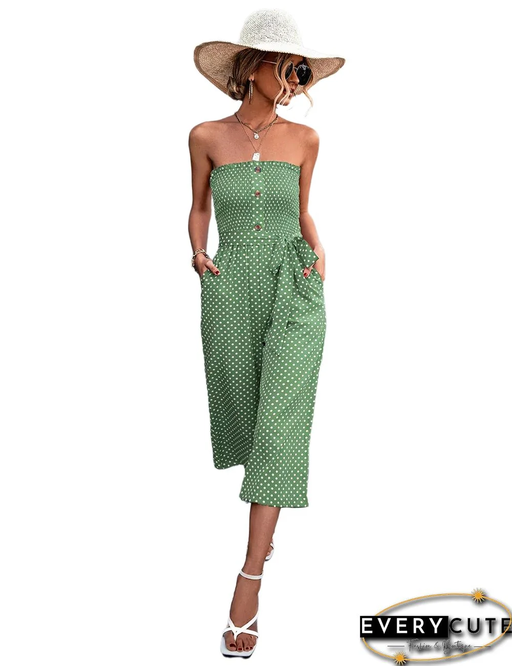Grass Green Polka Dot Buttoned Strapless Pocketed Jumpsuit