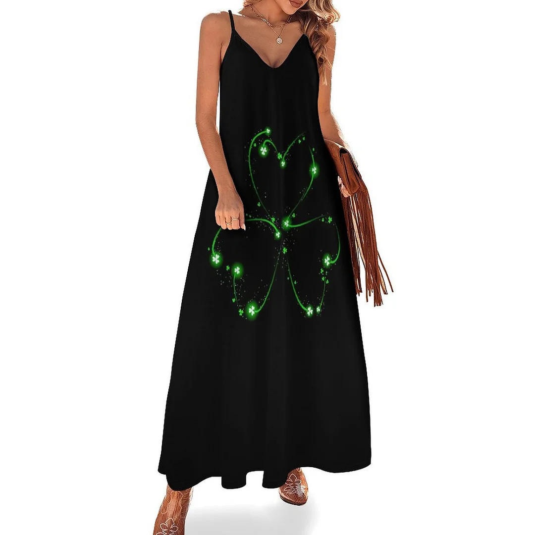 Style & Comfort for Mature Women Plus Size Printed Sling Casual Women Maxi Dress in Pattern St. Patrick's Day, Green, Clover, Lucky