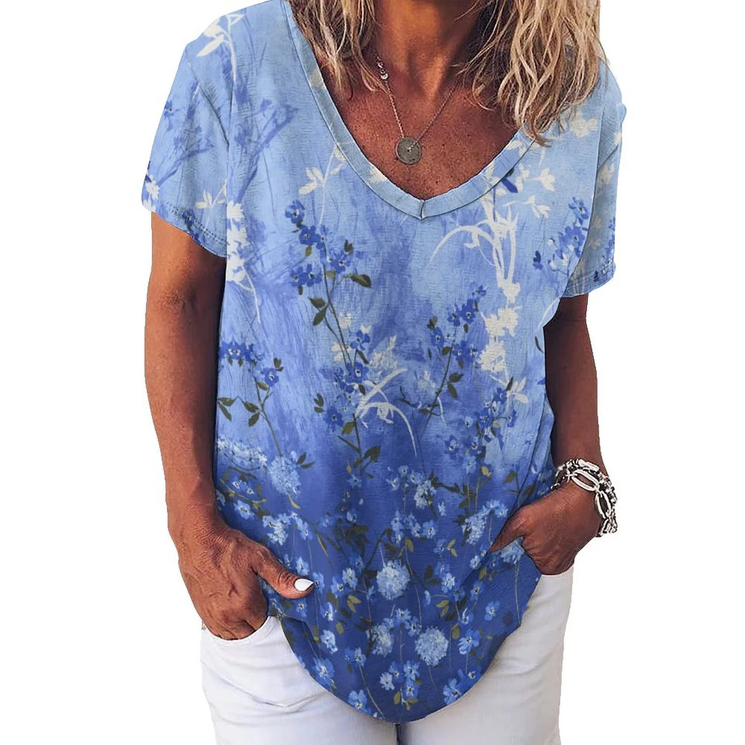 V-neck Short Sleeve Casual T-shirt for  Women Printed with Pattern Blue, Oil Painting, Floral