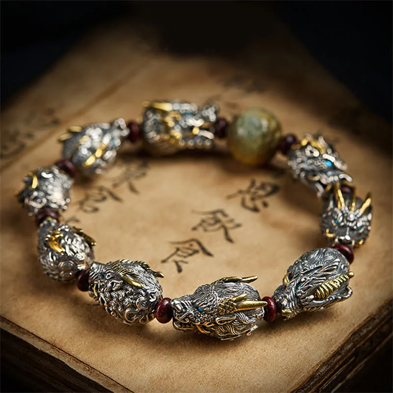 Sandalwood Nine Dragons Head Copper Luck Bracelet