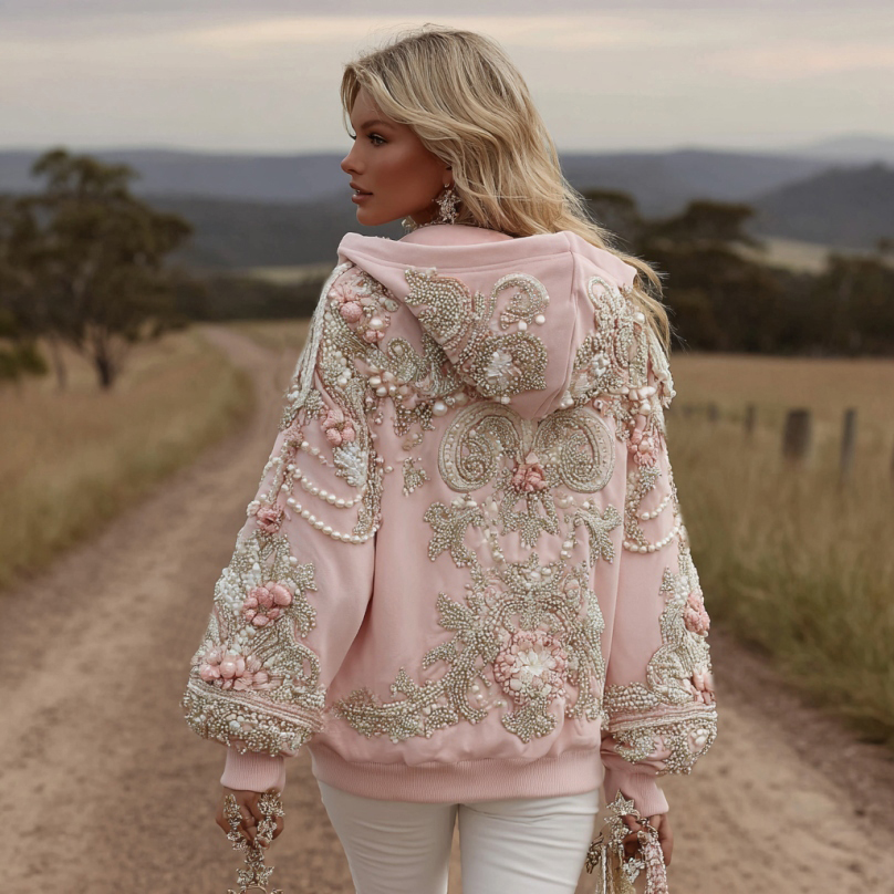 Women's Vintage Flower Embroidery Art Long Sleeve Hoodie