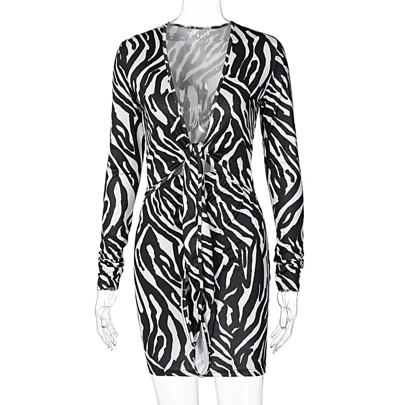 Abebey 2023 Zebra Print Long Sleeve V-Neck Bandage  Mini Dress Autumn Winter Women Fashion Streetwear Outfits Party Wear