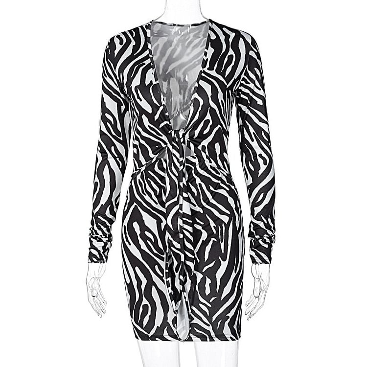 Hugcitar 2020 Zebra Print Long Sleeve V-Neck Bandage Sexy Mini Dress Autumn Winter Women Fashion Streetwear Outfits Party Wear
