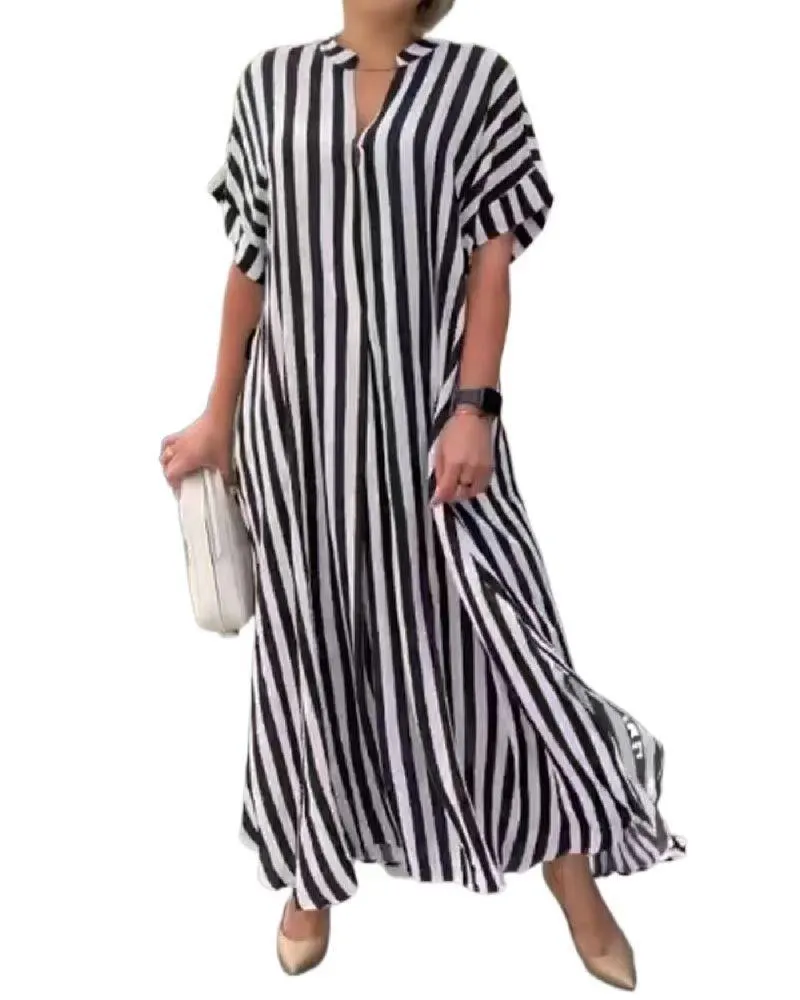 Churchf Churchf Women's Fashion Side Slit Stripe Loose Casual Short-Sleeved Dress