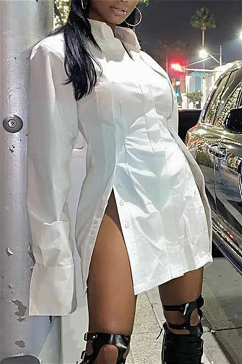 Fashion Casual Solid Slit Turndown Collar Shirt Dress Dresses