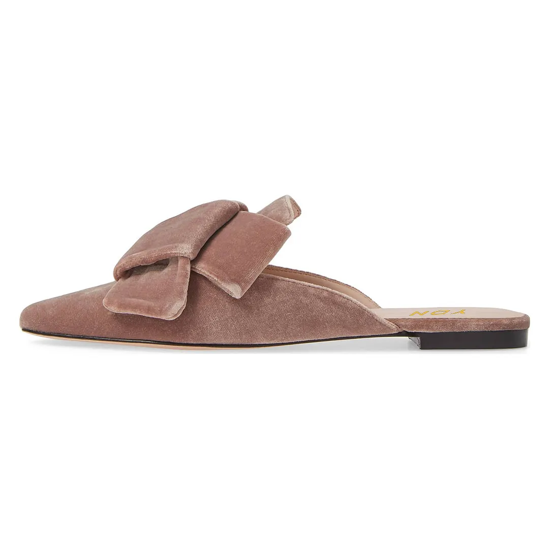 Blush Velvet Pointed Toe Knot Flat Comfortable Mules for Women