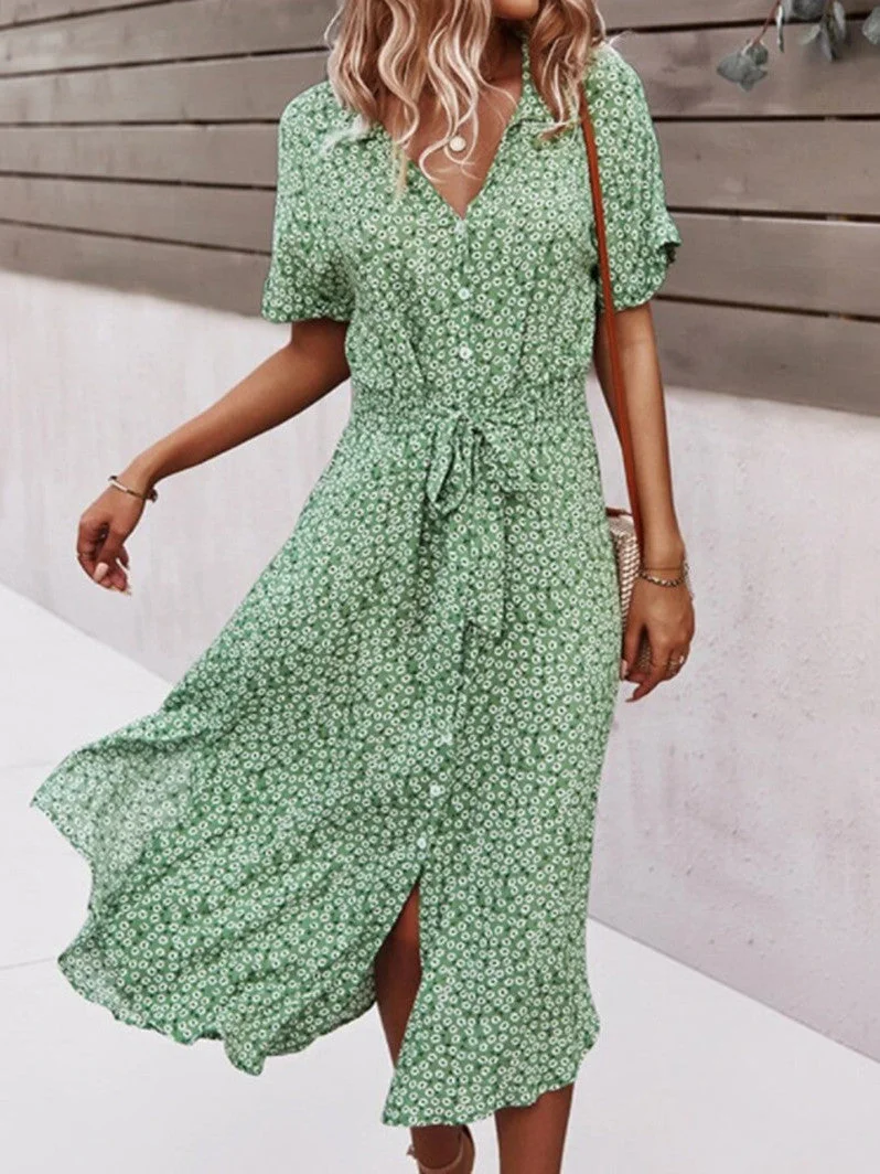 Women's Summer Short Sleeve V Neck Button Tie Floral Loose Fashion Dress
