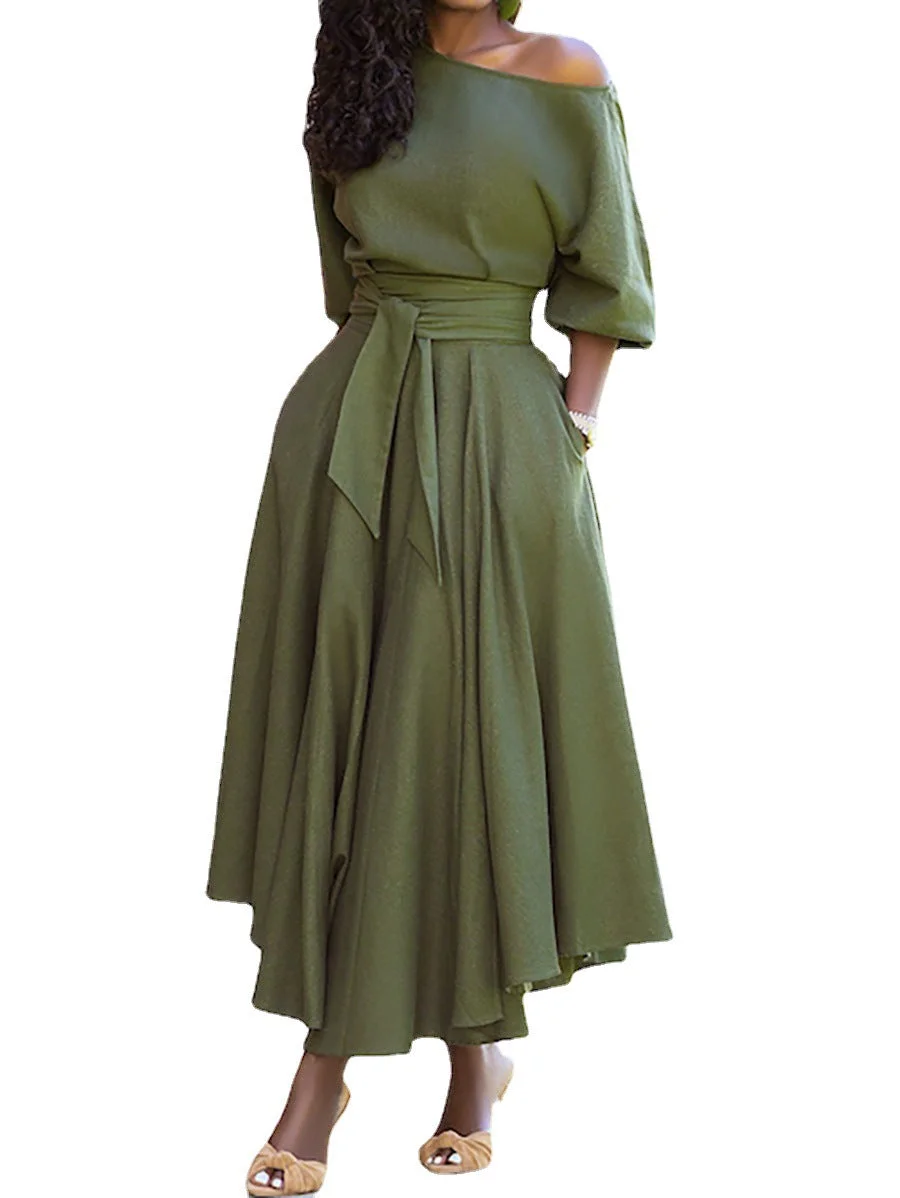 Uveng Collar Lace-up Waist-controlled Temperament Pure Color Dresses