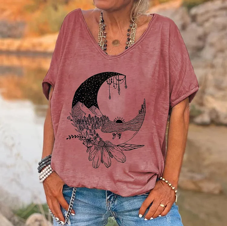 Sunset And Moon Printed V-neck Women's T-shirt