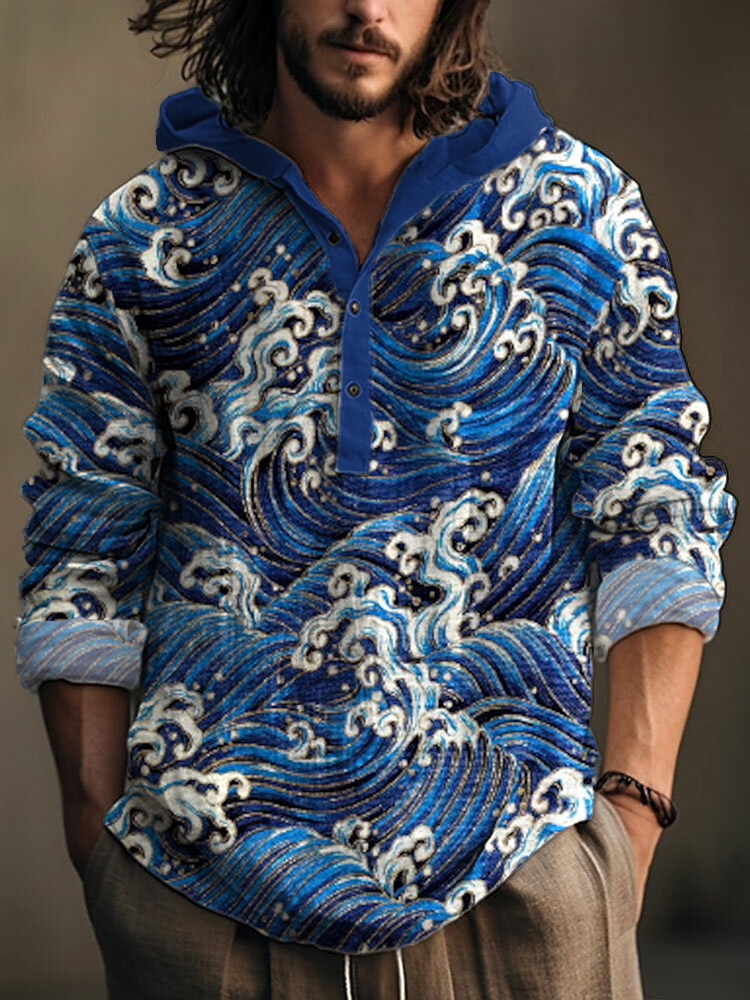 Japanese Art Wave Pattern Linen Blend Hooded wearshes