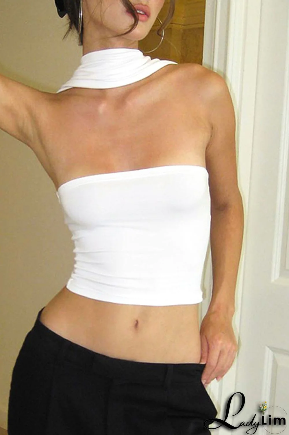 Black Sexy Solid Patchwork Halter Tops