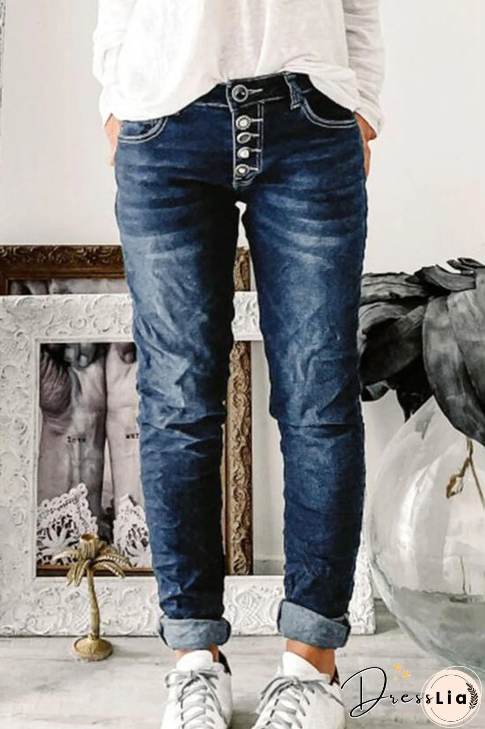 Button Fly Mid Waist Jeans