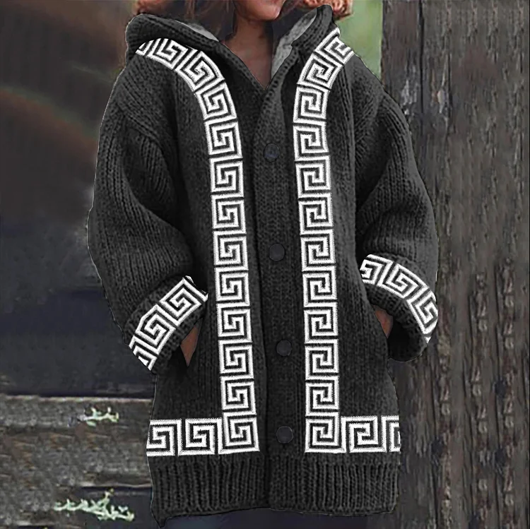 Greek Key Pattern Knit Hooded Cardigan