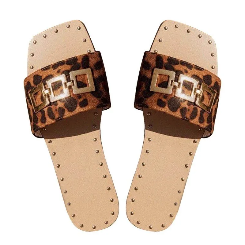 2021 Summer Women Slipper Flat Fashion Female Shoes Square Toe Flat Round Buckle Decoration Solid Flats Sandals  Beach Shoes