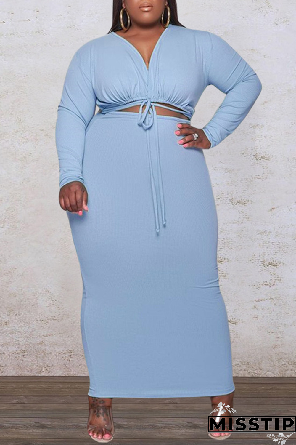 Blue Sexy Solid Patchwork V Neck Plus Size Two Pieces